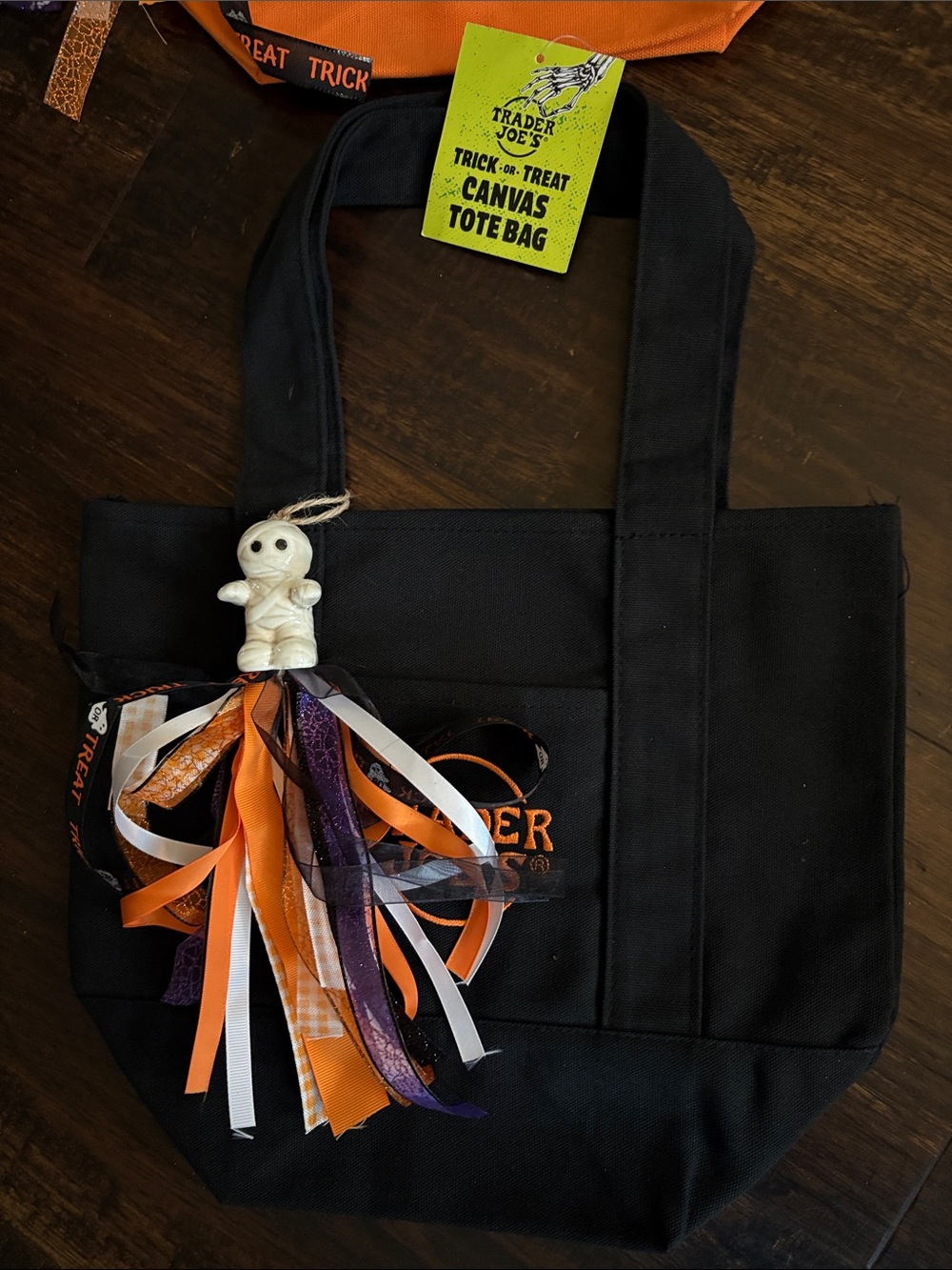 Trader Joe’s tote with Halloween Ribbon Charm from crackle barrel